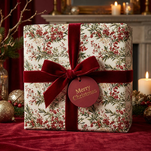 Elegant Christmas gift wrapped in floral paper with a velvet burgundy ribbon and "Merry Christmas" tag.