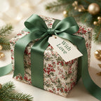 Christmas gift wrapped in elegant floral wrapping paper with a green ribbon and "With Love" tag.
