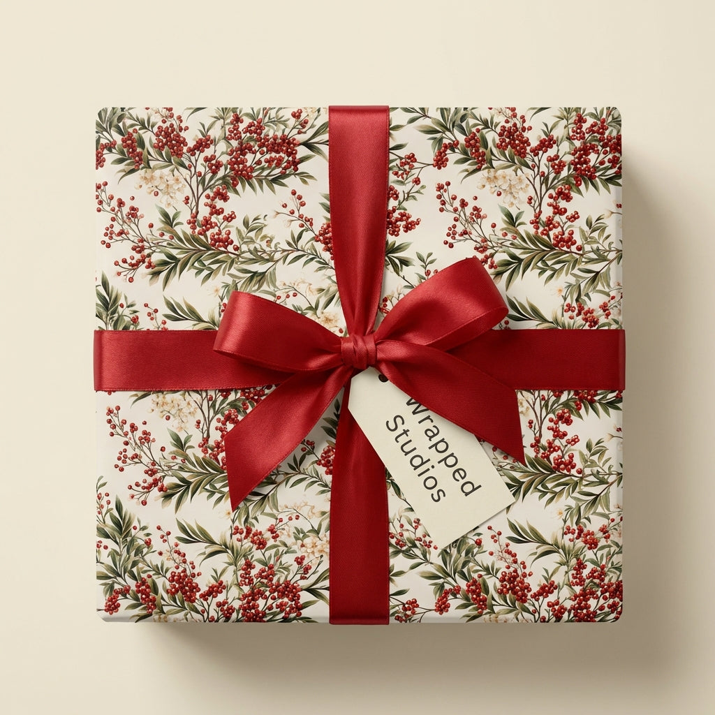 Square gift wrapped in floral Christmas wrapping paper with red ribbon from Wrapped Studios.