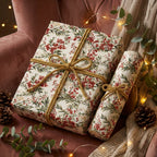 Elegant floral wrapping paper with red berries, tied with gold rope on wrapped gifts.