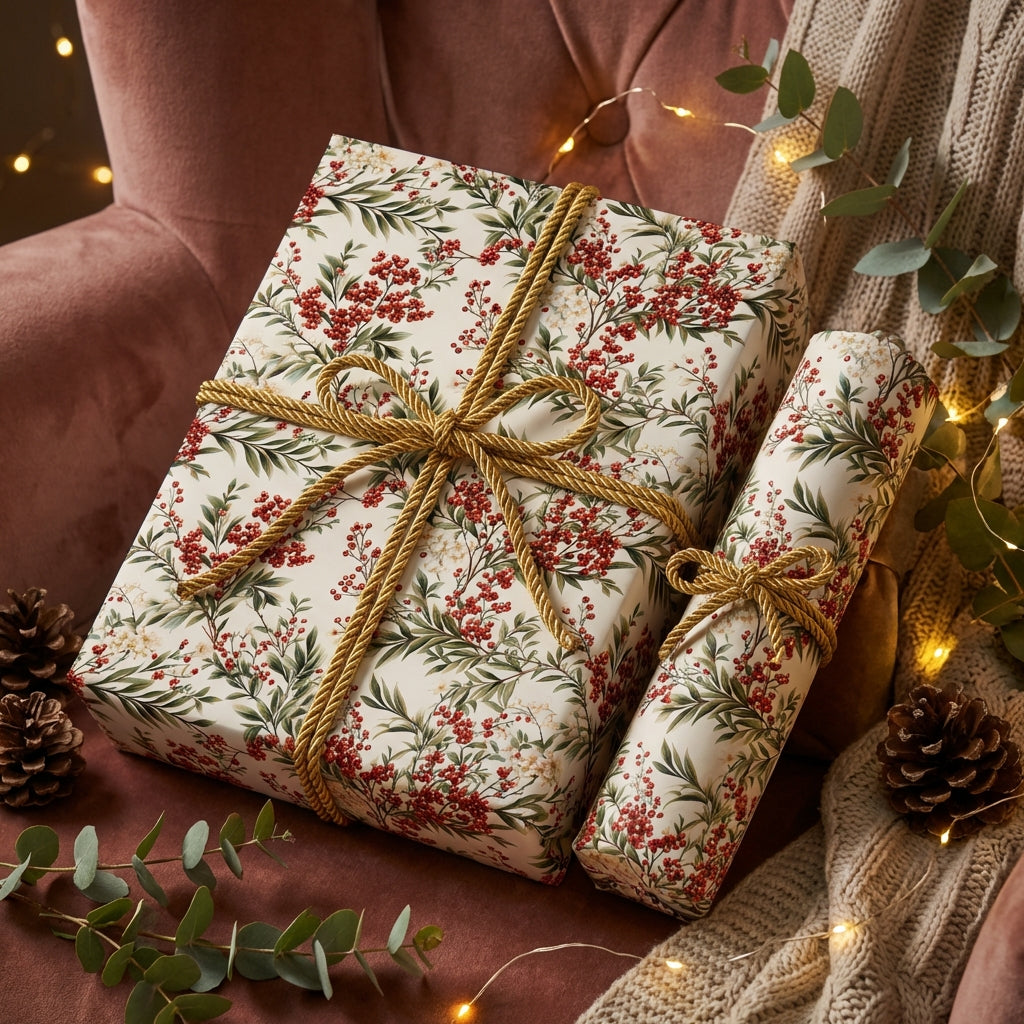 Elegant floral wrapping paper with red berries, tied with gold rope on wrapped gifts.