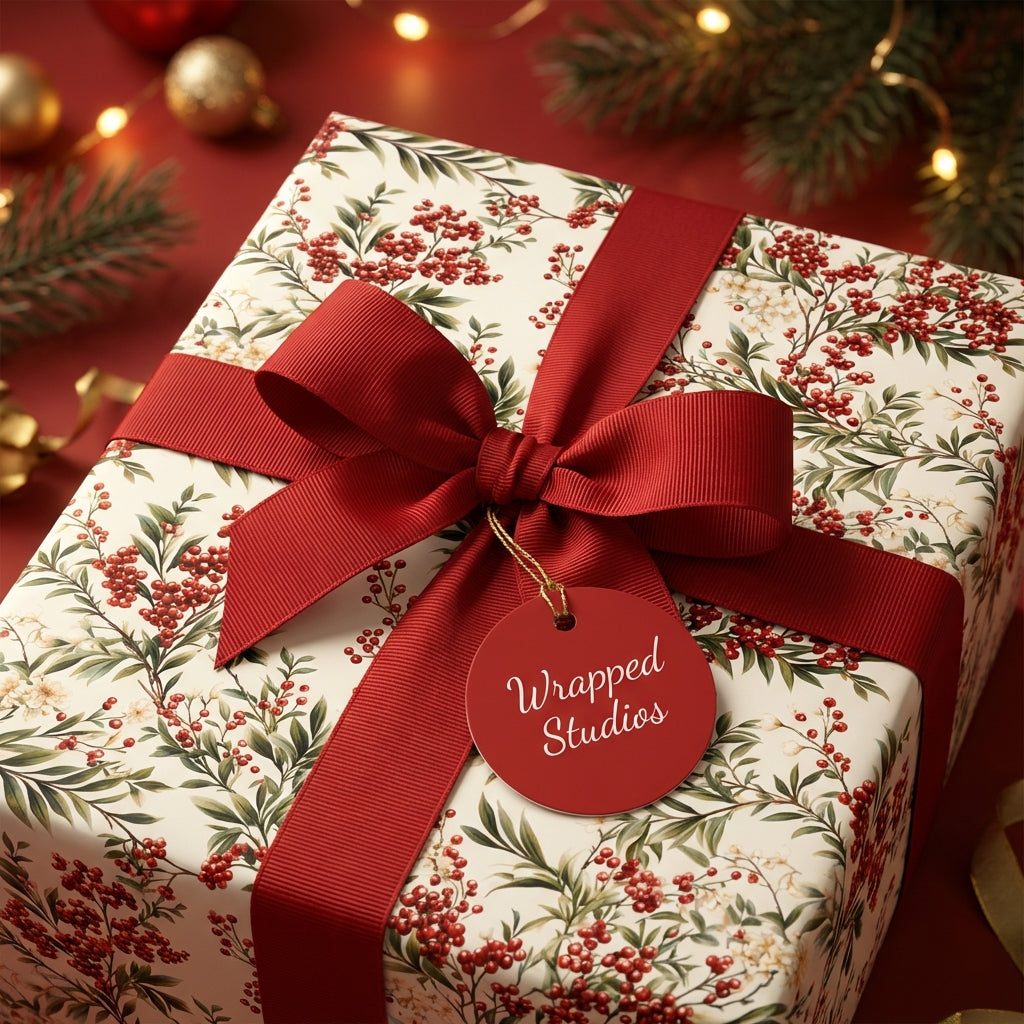 Elegant Christmas gift wrap with red berries floral pattern and bold red ribbon by Wrapped Studios.