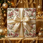Elegant Christmas gift wrap with floral winter berry design and gold ribbon bow.