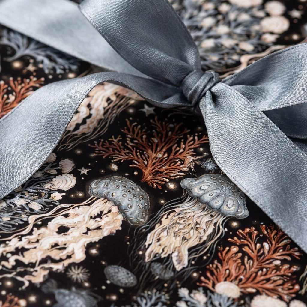 Vintage jellyfish wrapping paper with a grey satin bow, luxury ocean gift wrap by Wrapped Studios.