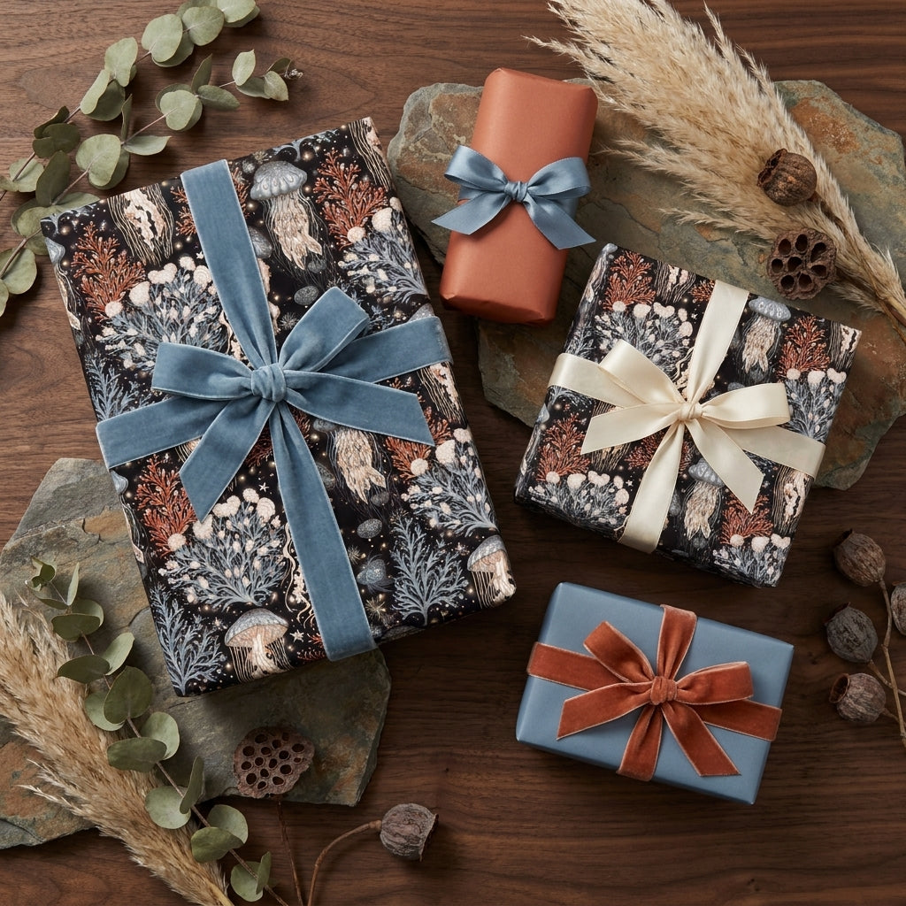Luxury mushroom and jellyfish wrapping paper with velvet bows by Wrapped Studios.