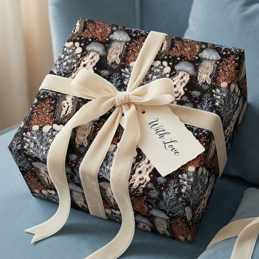 Luxury jellyfish wrapping paper with a cream velvet bow and gift tag by Wrapped Studios.