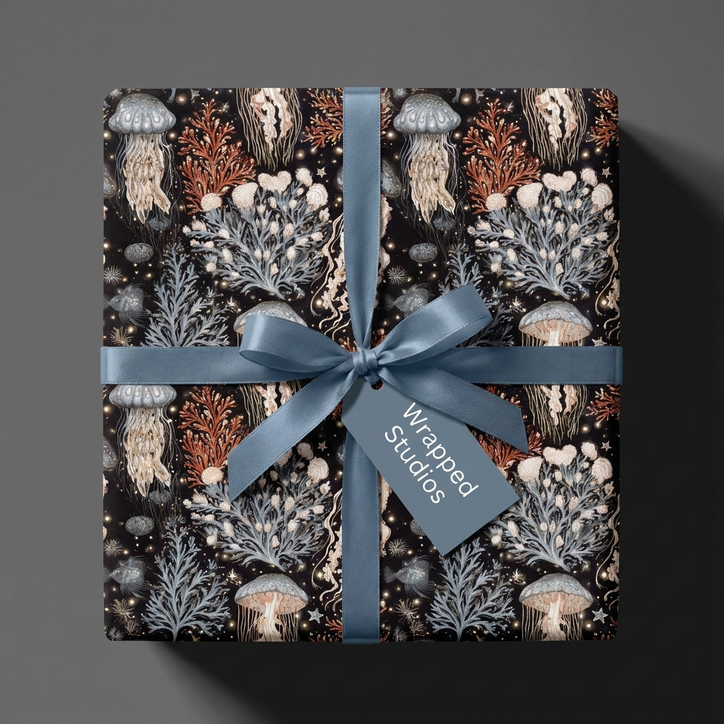 Vintage jellyfish wrapping paper on a gift box with dusty blue satin ribbon by Wrapped Studios.