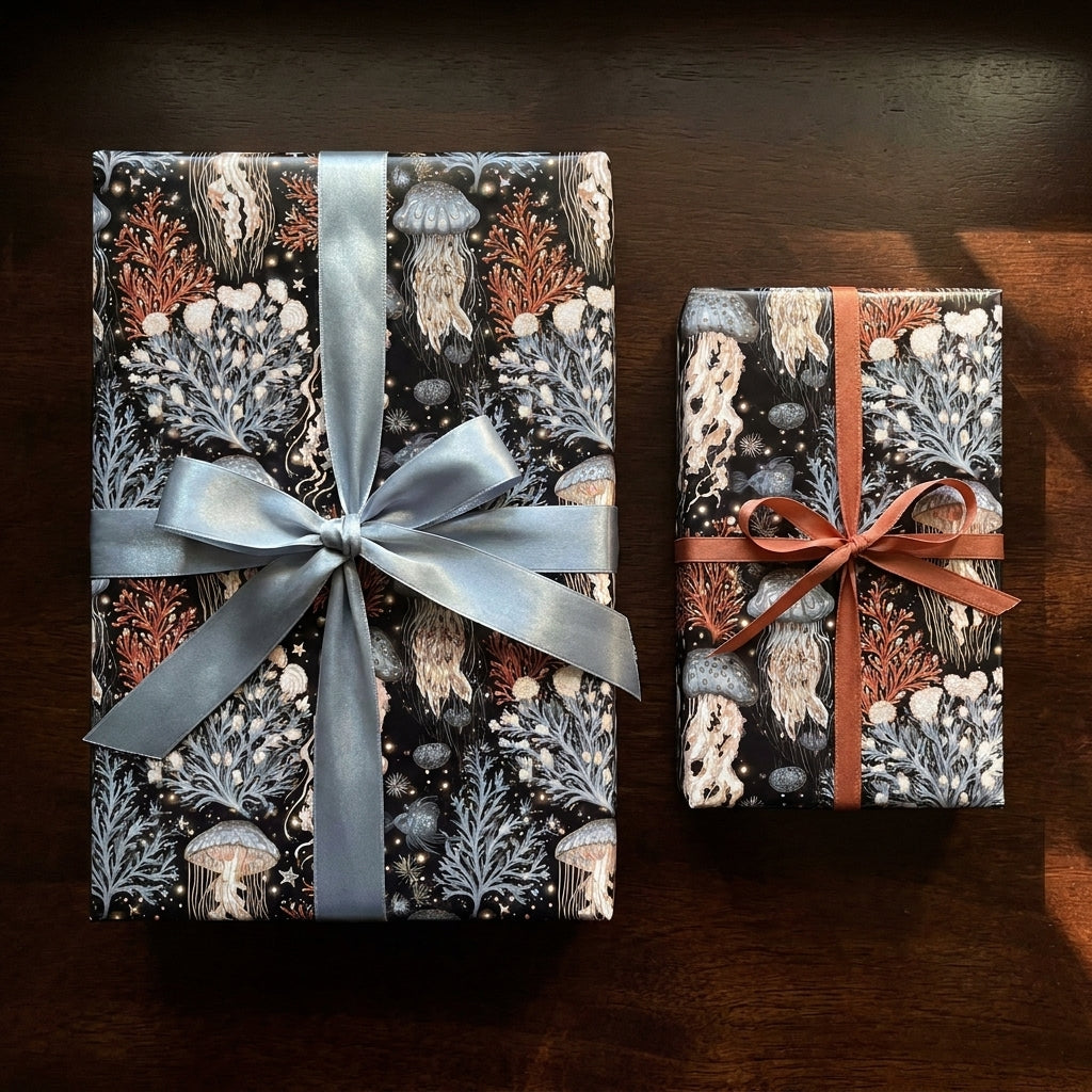 Ocean jellyfish wrapping paper by Wrapped Studios on luxury gifts with satin blue and copper ribbons.