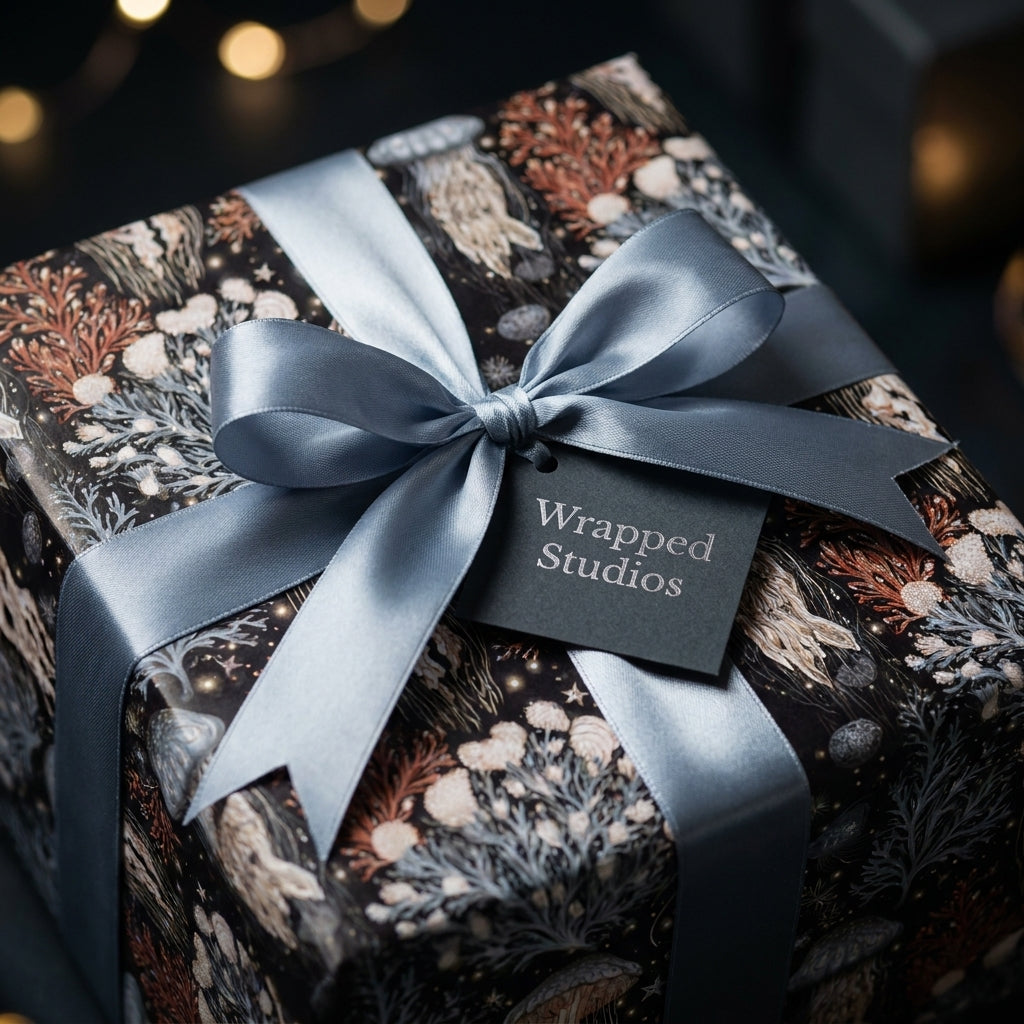 Luxury ocean wrapping paper with jellyfish and coral, tied with a blue satin bow by Wrapped Studios.