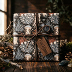 Moody vintage mushroom wrapping paper on a gift box with a For Him tag, by Wrapped Studios.
