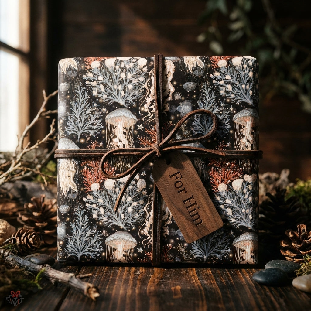 Moody vintage mushroom wrapping paper on a gift box with a For Him tag, by Wrapped Studios.