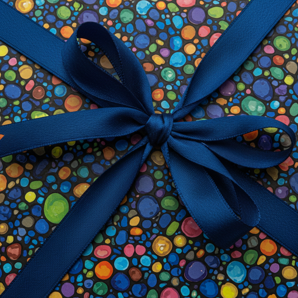 Top-down view of a gift wrapped in colorful dot pattern wrapping paper with a navy blue ribbon.
