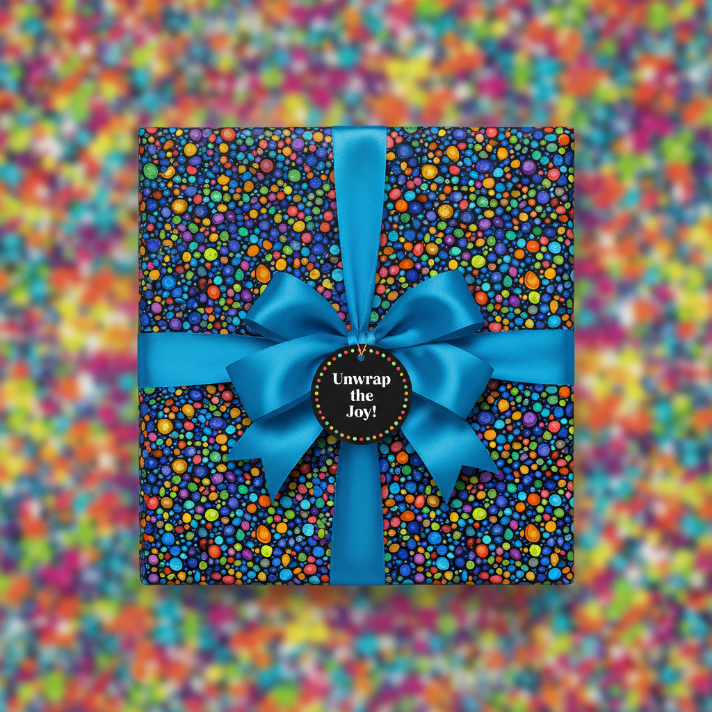 Square gift wrapped in colorful dot patterned paper with a blue satin ribbon and bow.