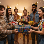 Birthday party with colorful dot-pattern gift wrap, tied with rainbow ribbon, being exchanged among smiling friends.