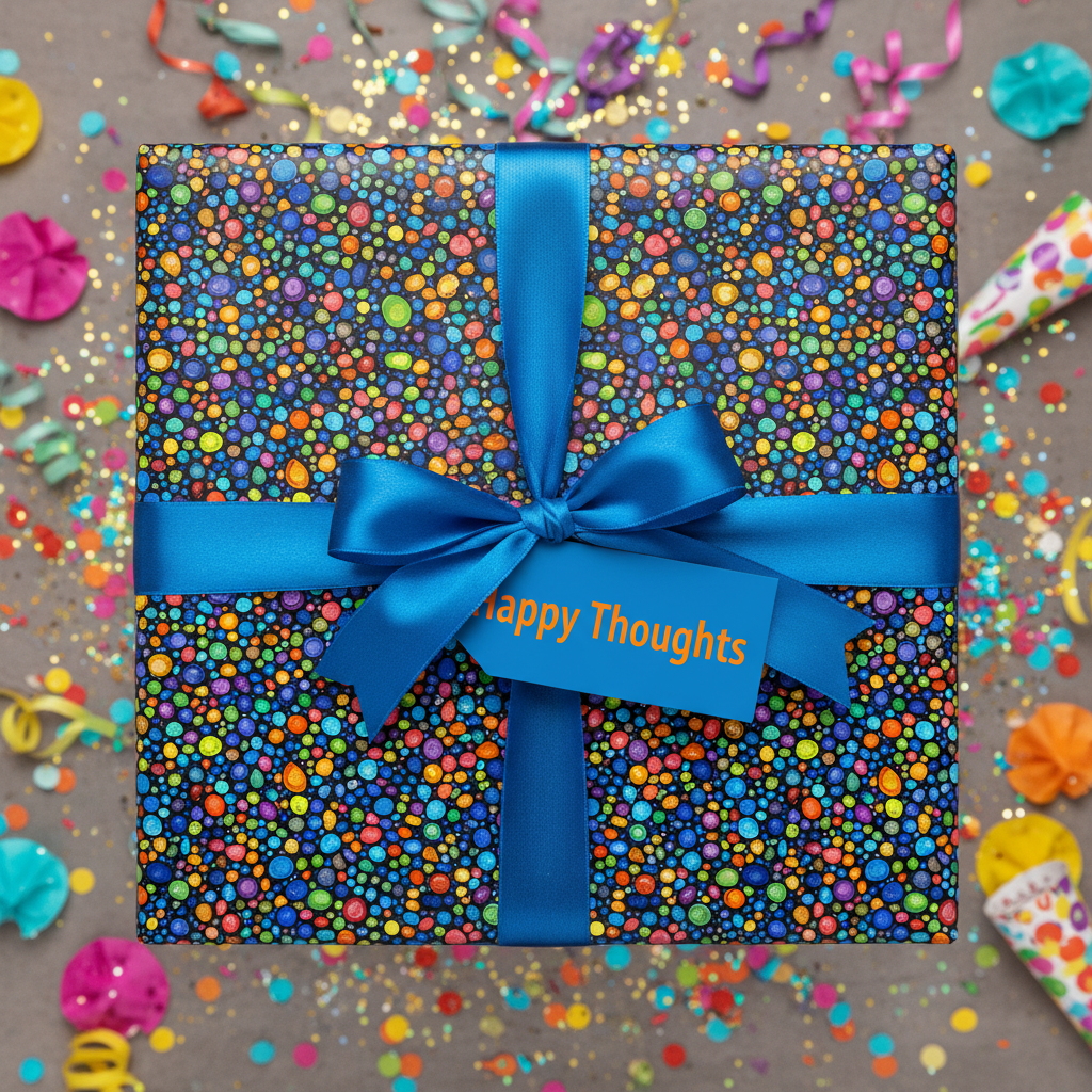 Colorful celebration gift wrapped in confetti-patterned paper with a blue satin ribbon and "Happy Thoughts" tag.
