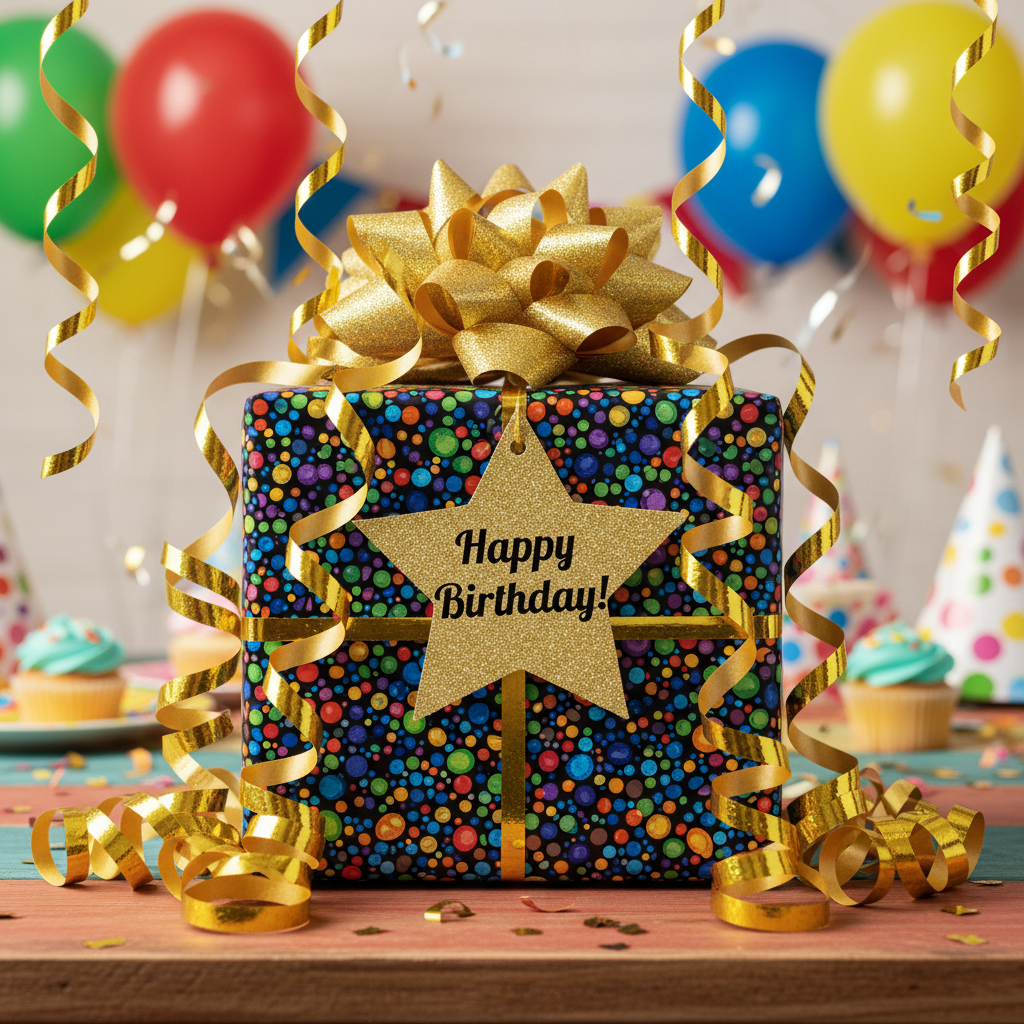 Colorful polka dot birthday wrapping paper with gold ribbon, bow, and "Happy Birthday" star tag.