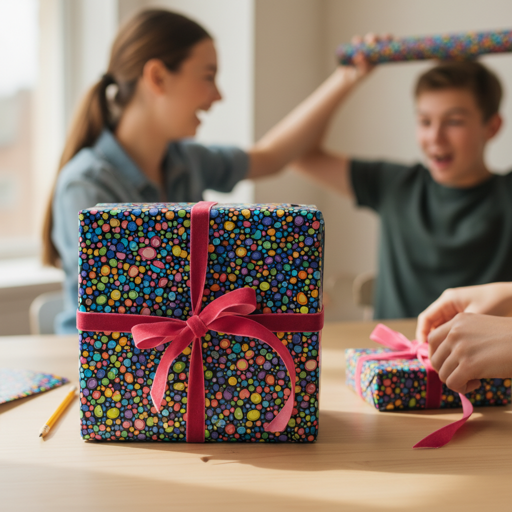 Square gift wrapped in colorful modern wrapping paper with pink ribbon, kids celebrating.