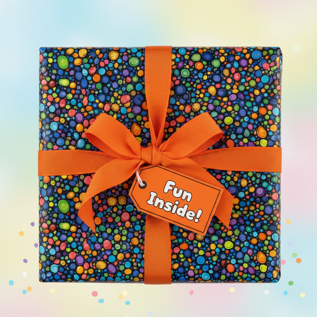 Square gift box wrapped in colorful confetti dot pattern wrapping paper with orange ribbon and "Fun Inside!" tag.