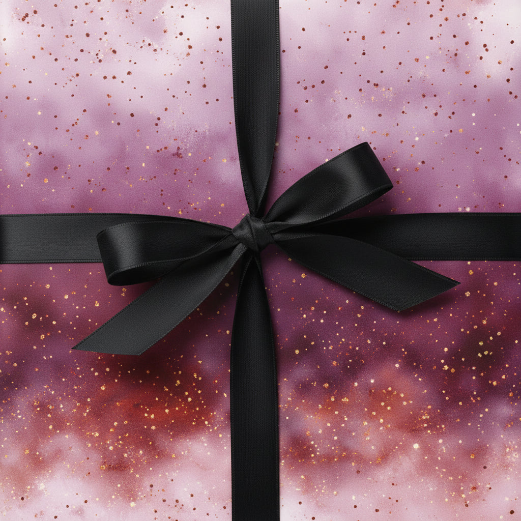 Elegant galaxy wrapping paper in shades of pink and gold with a black satin ribbon.