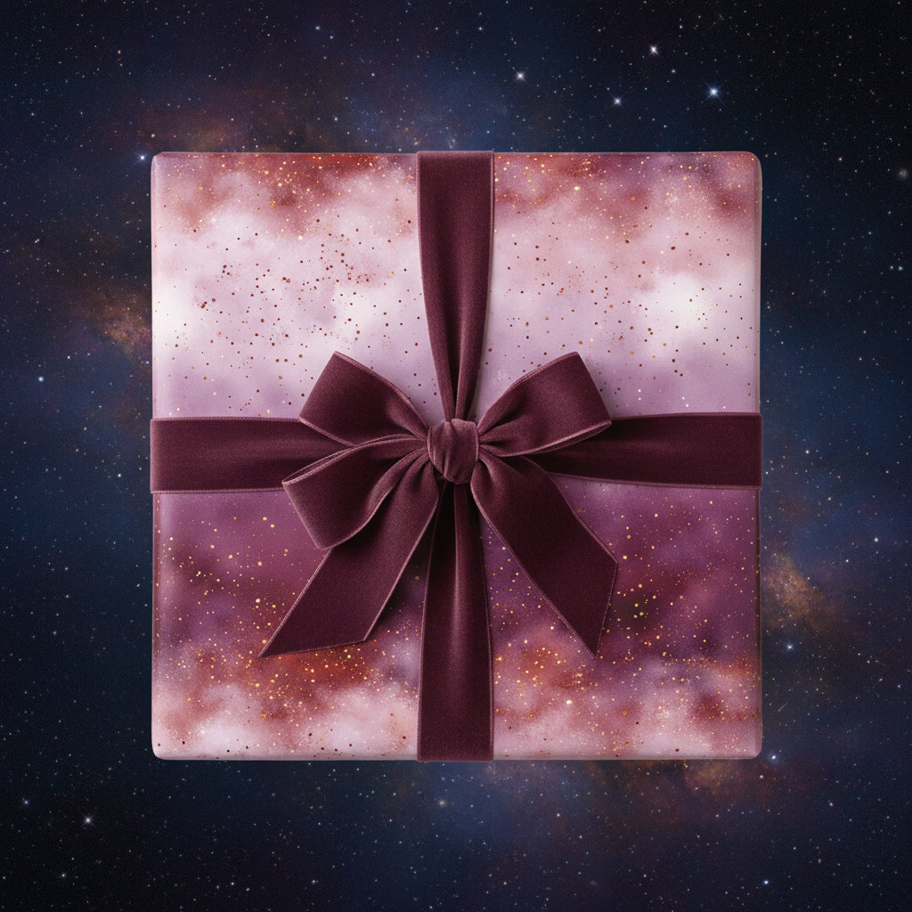 Square gift wrapped in luxury cosmic galaxy wrapping paper with velvet burgundy ribbon and bow.