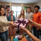 Hands exchanging a birthday gift wrapped in pink paper with a velvet purple ribbon and bow.