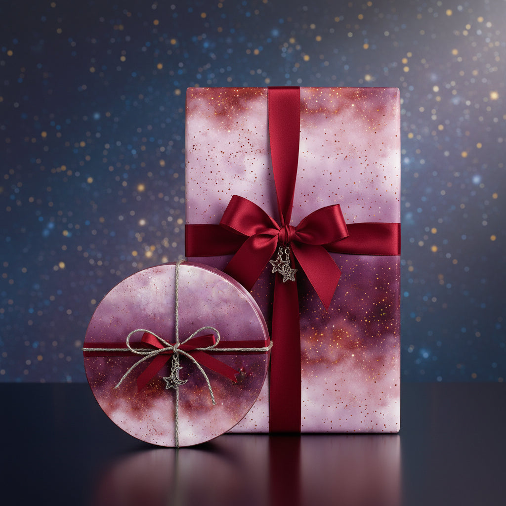 Elegant gift wrap in cosmic galaxy design with burgundy ribbon; luxury paper for special occasions.