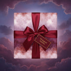 Elegant square gift with cloud-patterned wrapping paper, satin ruby ribbon, and gift tag on a dreamy celestial background.