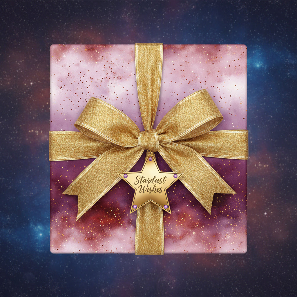 Elegant gift box with cosmic wrapping paper, gold ribbon, and a "Stardust Wishes" star ornament.