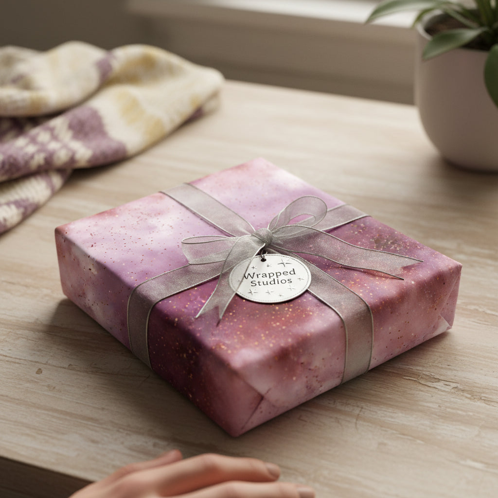 Elegant gift wrapped in pink galaxy wrapping paper with silver ribbon and tag.