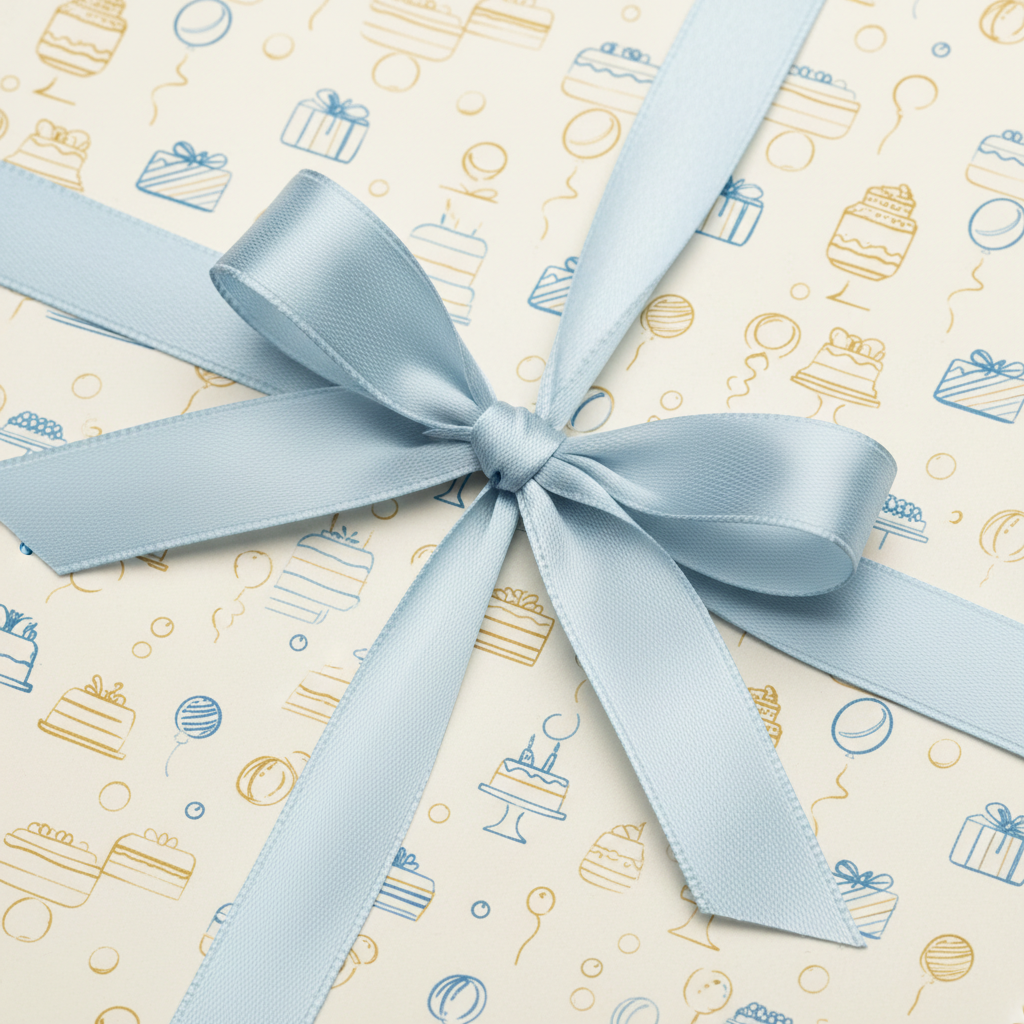 Birthday wrapping paper with blue ribbon & cake design.