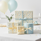Elegant birthday gifts wrapped in patterned gift wrap with cakes, balloons and light blue and yellow ribbons.