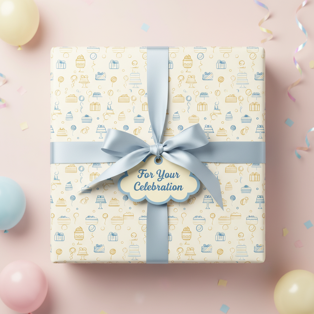 Celebration gift wrapped in cake pattern wrapping paper with a blue satin ribbon and bow.