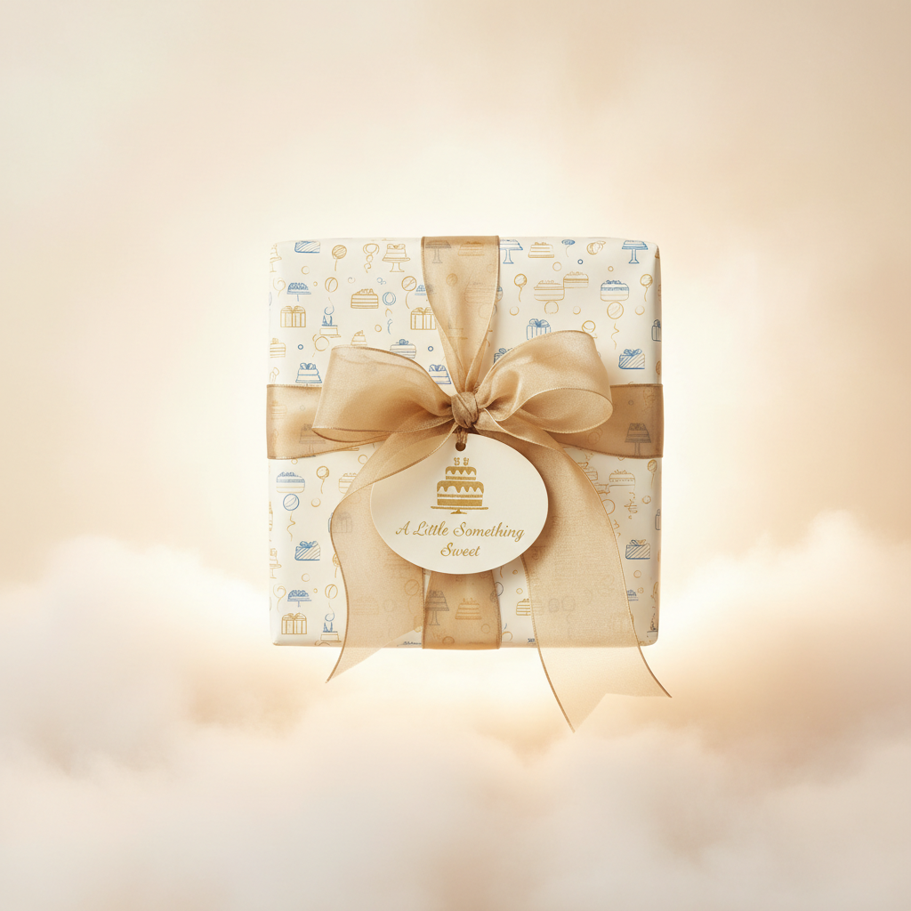 Elegant birthday gift wrap with cake pattern, tied with gold ribbon and "A Little Something Sweet" tag.