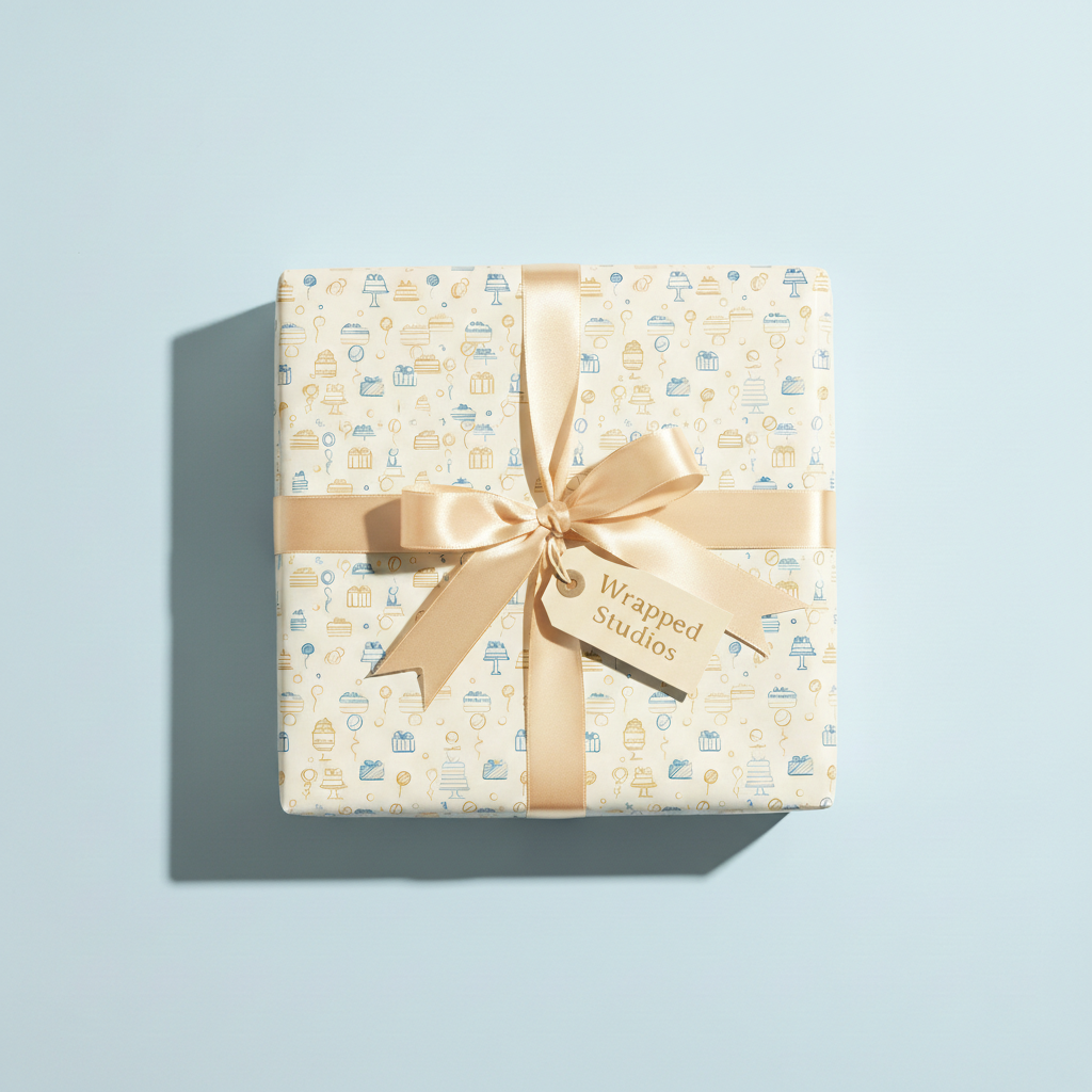 Square gift wrapped in birthday wrapping paper with cakes and a gold satin ribbon.
