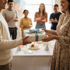 Giving a birthday gift wrapped in cute pattern paper with a blue velvet ribbon at a celebration.