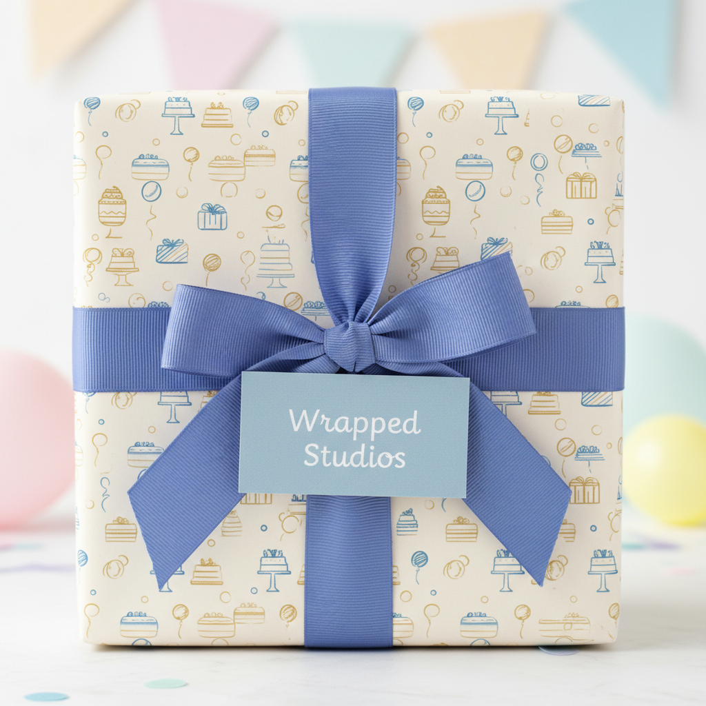 Square gift wrapped in birthday wrapping paper with cake & balloon pattern, secured with periwinkle blue ribbon and bow.