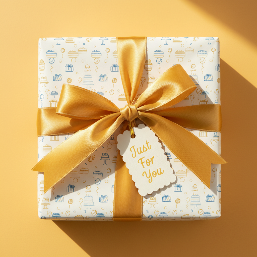 Elegant birthday wrapping paper featuring a gold satin ribbon, "Just for You" tag, and a cute cake and balloon pattern.