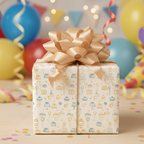 Square gift wrapped in cute birthday wrapping paper with cake designs and a gold bow for a celebratory present.