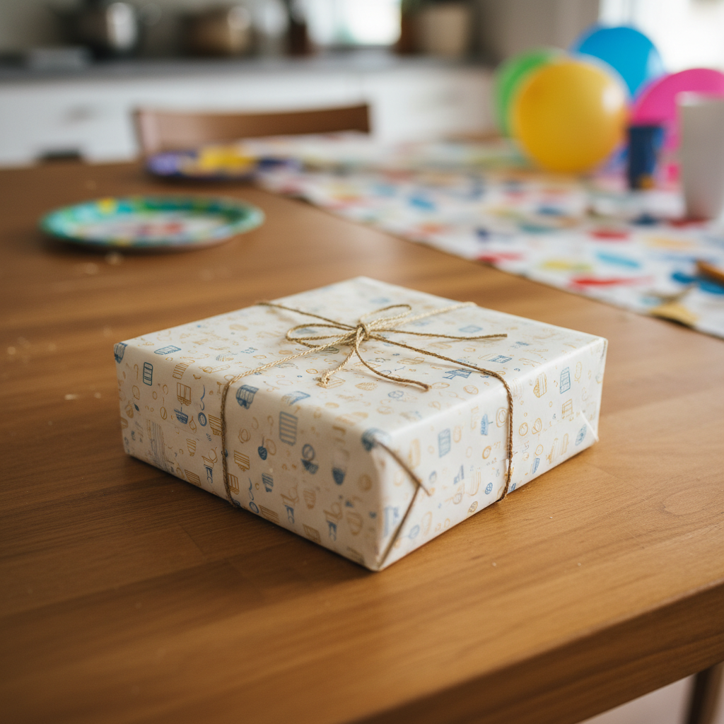 Wrapped birthday gift with whimsical blue and gold patterned paper and rustic twine bow on a table at a party.