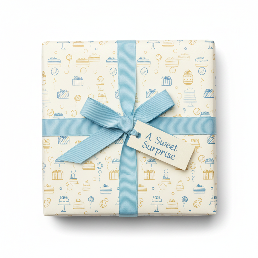 Square gift wrapped in birthday wrapping paper with light blue ribbon and cake-themed print.