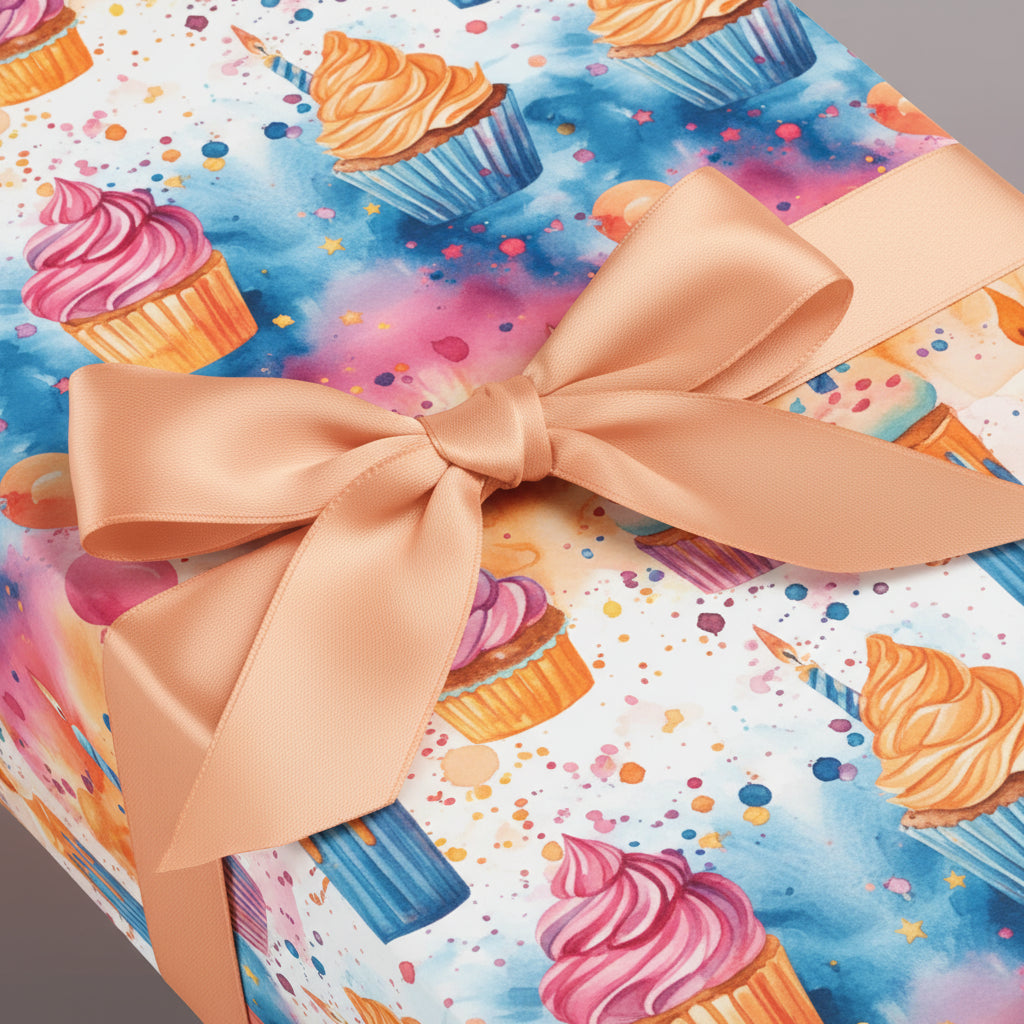 Pastel cupcake birthday wrapping paper with peach ribbon and watercolor confetti sprinkles.