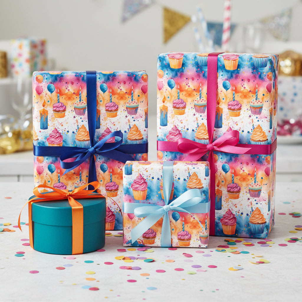Colorful birthday wrapping paper with cupcakes, balloons, and candle pattern, tied with pink, blue, and orange ribbons.