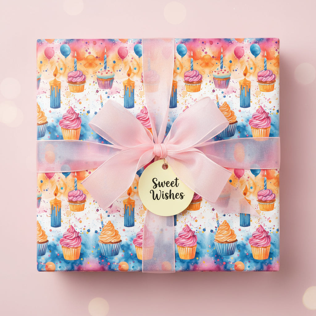 Square gift wrapped in watercolor cupcake birthday wrapping paper with a pink ribbon and "Sweet Wishes" tag.