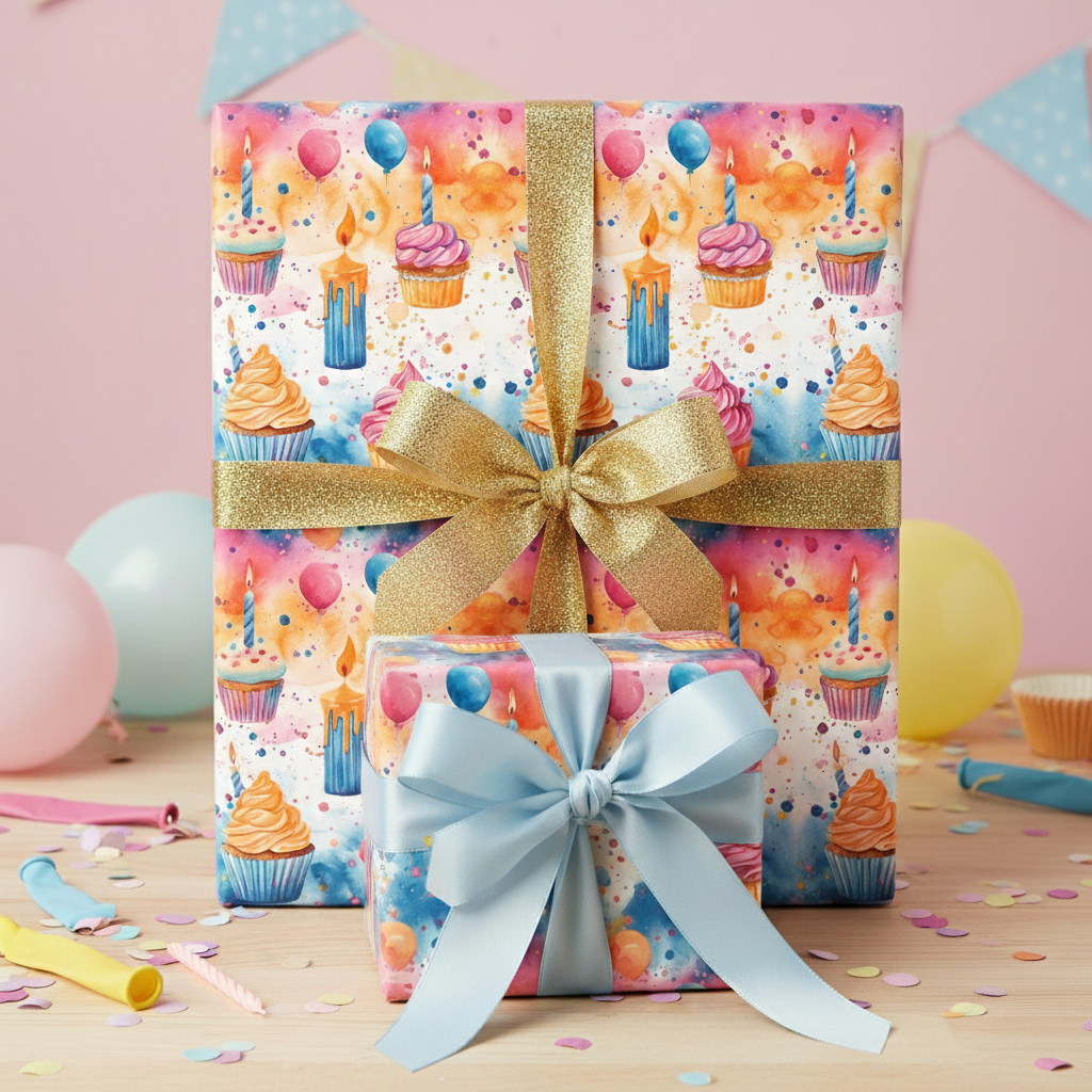 Stacked birthday gifts wrapped in cupcake print paper with gold glitter and blue satin bows.