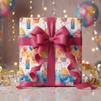 Festive birthday wrapping paper with a cupcake pattern and magenta ribbon.