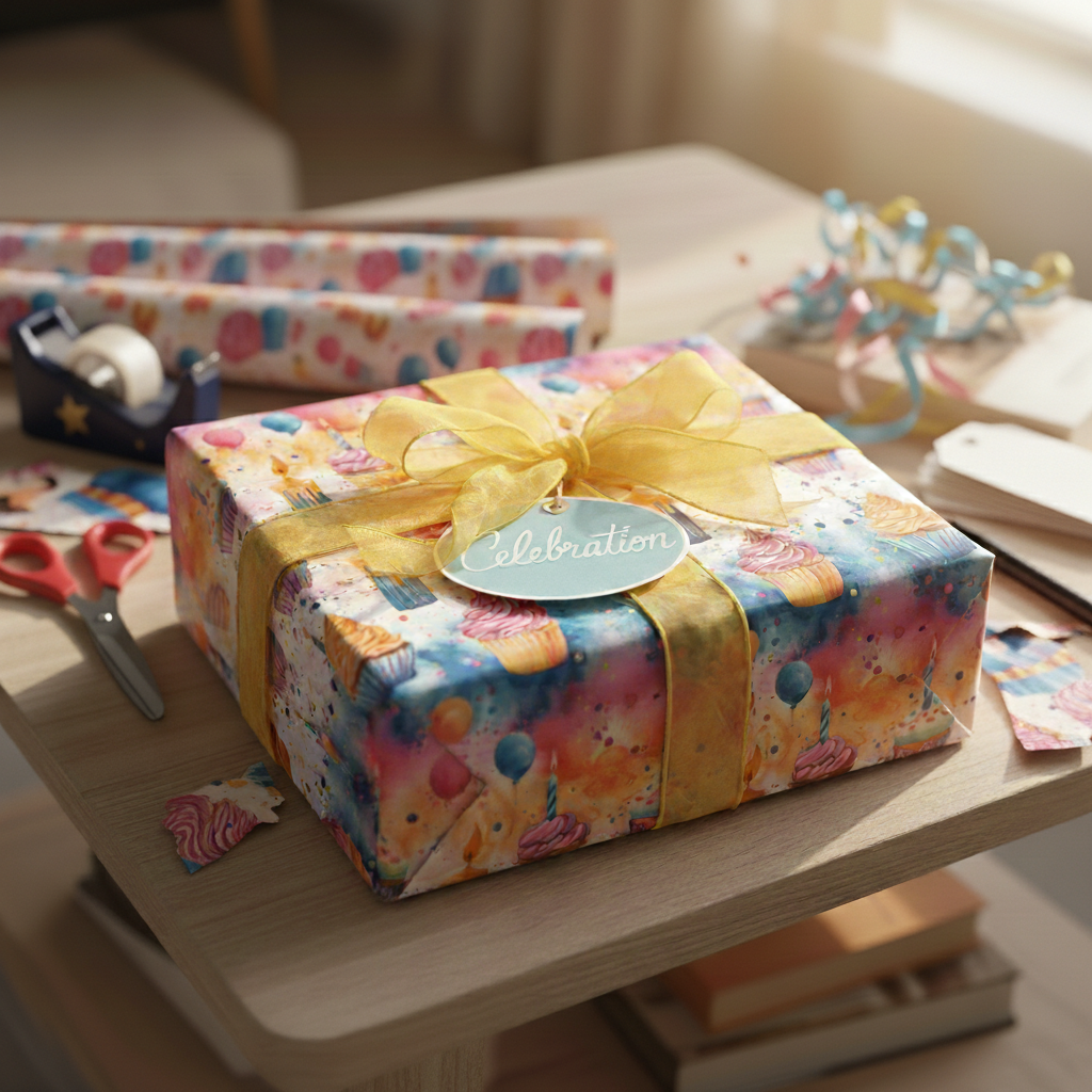 Celebration gift wrapped in colorful watercolor cupcake & balloon birthday wrapping paper with gold ribbon bow.
