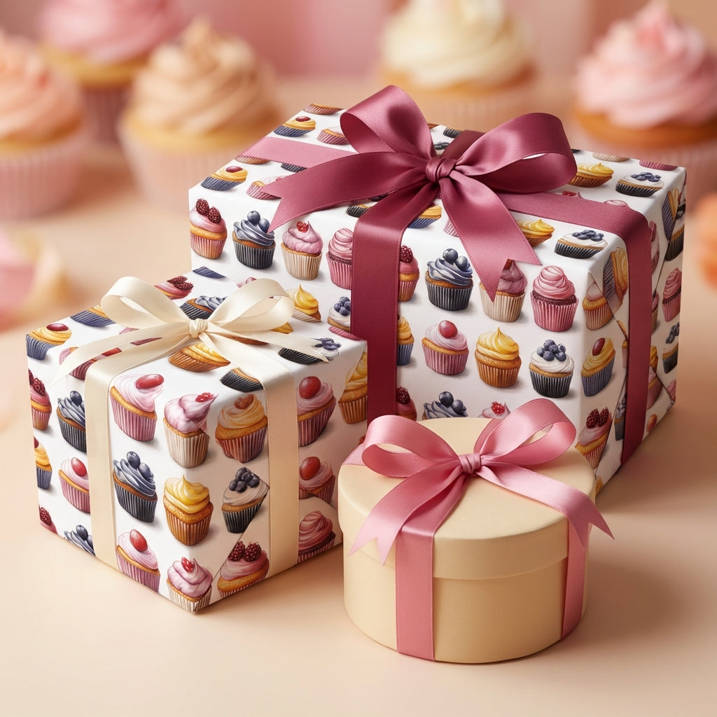 Cupcake wrapping paper design with pink ribbons, ideal for a birthday gift.