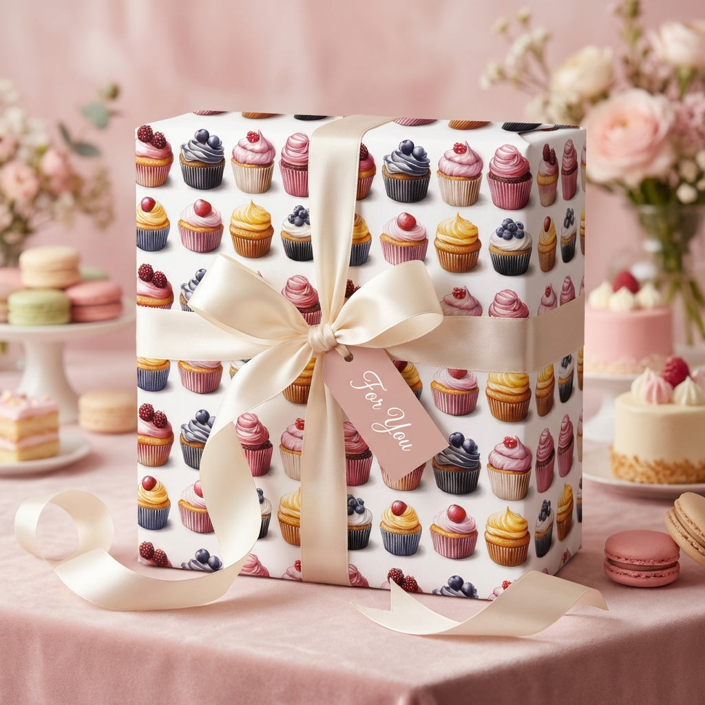 Cute cupcake-themed birthday wrapping paper on a gift with a cream ribbon and 'For You' tag.