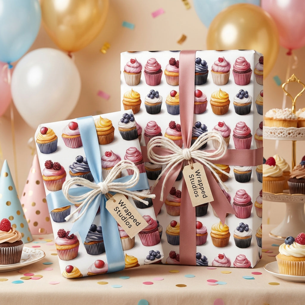 Birthday gifts wrapped in cupcake print wrapping paper with ribbon & string bows; festive birthday party background.
