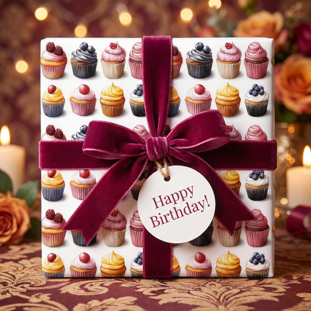 Square birthday gift wrapped in cupcake pattern paper with a velvet ribbon and "Happy Birthday!" tag.